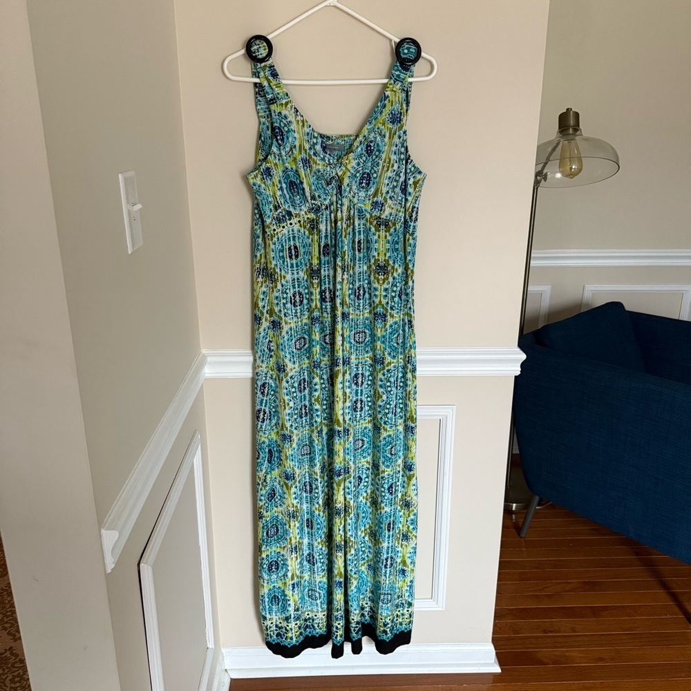 Y2K Boho Vacation Print my collection Sz XL Maxi Dress Twist Front Blue & Green - Picture 2 of 11